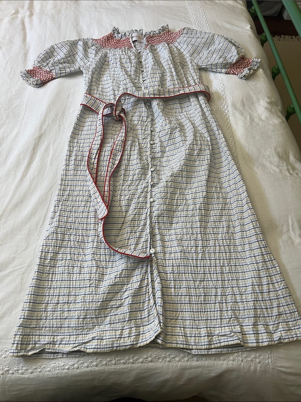 Dondolo Striped Seersucker Midi Dress with Smocked Trim & Pockets, Size Medium